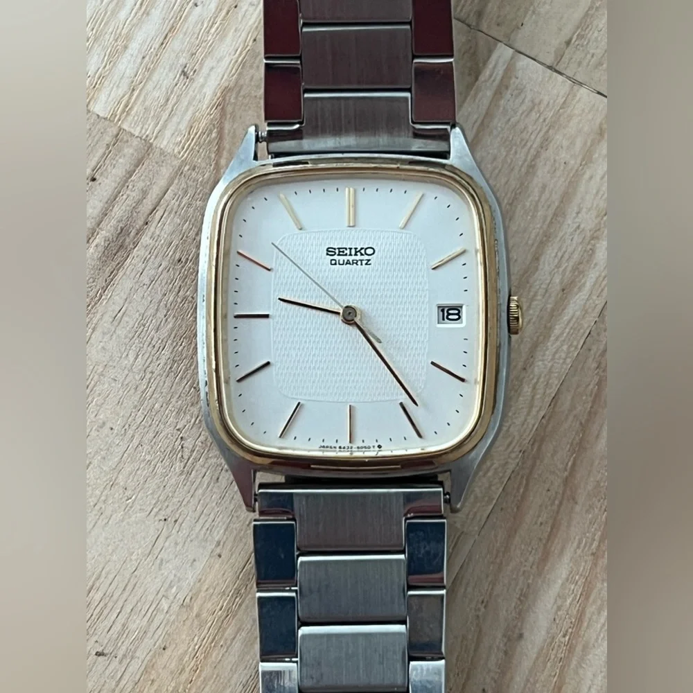 Seiko Gold Plated Rare Vintage Dress Watch White Dial Stainless Bracelet Date